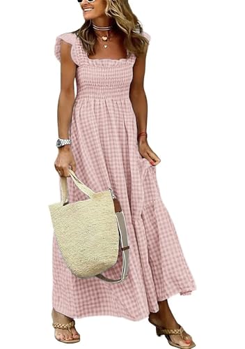 EFOFEI Damen Sommer Retro Plaid Kleider Spaghetti Strap Flounce Kleid Smocked Bust Dress Rosa L