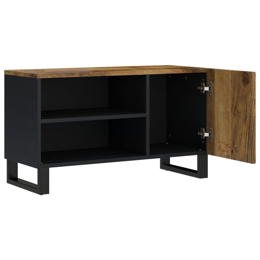 Szafka pod telewizor z litego drewna mango z drewnem drewnopochodnym 80 x 33 x 46 cm, niska szafka z drzwiami i otwartym regałem, stabilne żelazne nogi, miejsce do przechowywania do salonu i