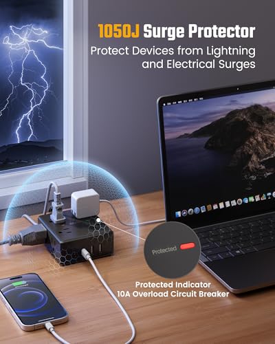 Image of 6Ft Extension Cord with Multiple Outlets, Flat Plug Power Strip Surge Protector, 8 Outlet 4 USB Ports (2 USB C), Wall Mountable, Desk Charging Station for Home Office, College Dorm Room Essentials