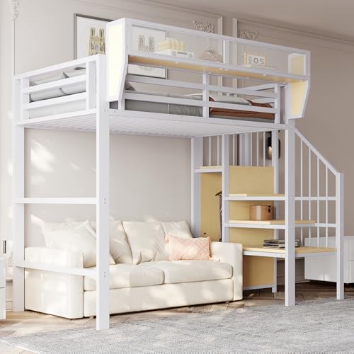 Dolamaní Hochbett 90x200 cm Metall Bettgestell mit Treppe Sicherheits und Schrank, Höhe 191 cm Bett mit Abnehmbares Netz Regale und Rausfallschutz, für Teenager Erwachsene (Weiß)
