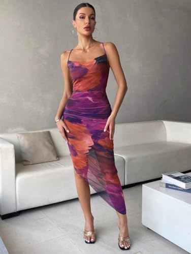 Image of LIGHT DOT Women's Spaghetti Strap Printed Bodycon Ruched Midi Cocktail Dress Sexy Cowl Neck Tie Dye