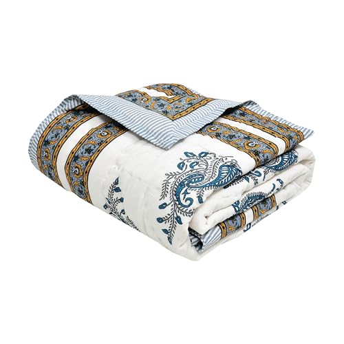 Image of BLOCKS OF INDIA Cotton Single Size Quilt Hand Block Print for Light Winters (60x90 Inches) (Grey Yellow BUTI 1)-300 TC