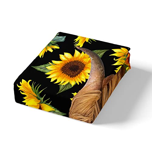 Sunflowers Bed Sheet Set Floral Print Bedding Set Highland Cow Fitted Sheet Brown Highland Cattle Flat Sheet For Kids Boys Girls 4Pcs With 2 Pillow Case Full Size #TOP4