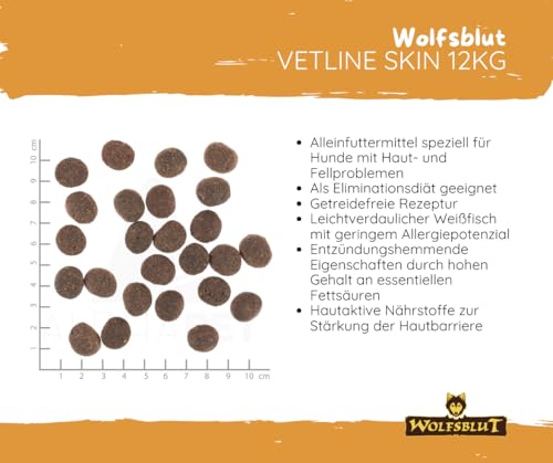Wolfsblut Vetline Hundefutter - Skin & Coat, 12kg + 6x395g - Sparbundel, Sparpaket - inklusive Warnicks Tierfutterservice Hundesnack Goodie