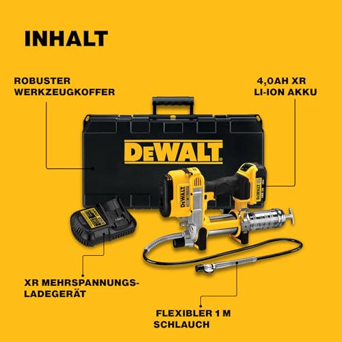 Foto von Dewalt 18 Volt Akku-Fettpresse DCGG571M1 (690 bar Arbeitsdruck, Fassungsvermögen: 400 gr. mit Kartuschen u. 473 gr. Aus Gebinden, 1 m Schlauch, inkl. 18 Volt 4 Ah Li-Ion Akku und Ladegerät, Koffer)