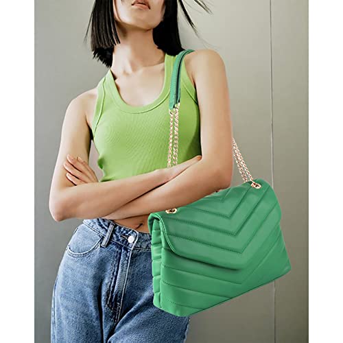Image of Quilted Crossbody Bag for Women, Soft Vegan Leather Chevron Purses, Trendy Shoulder Handbags with Gold Chain Strap (Green)