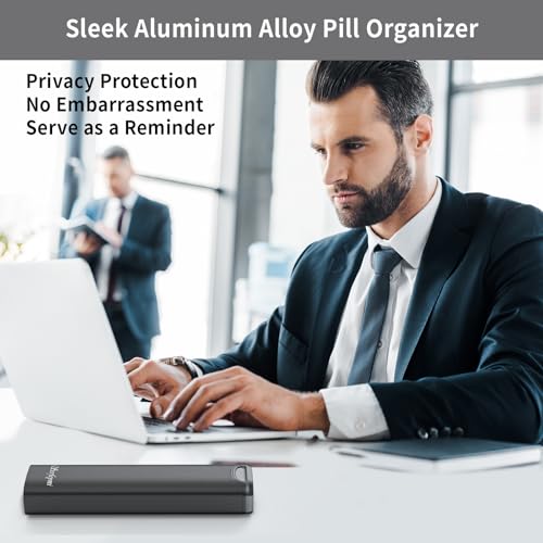 Image of Metal Weekly Pill Organizer, Serfeymi Aluminum Daily Pill Box(Spare Gasket Provided),7 Day Pill Case Travel Medicine Organizer,Pill Containers with Individual Lid for Vitamins,Pills, Supplement-Black