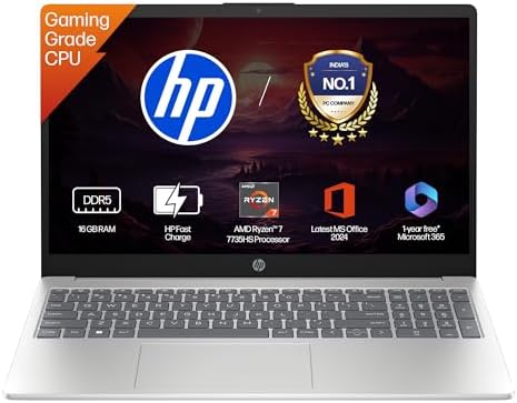 HP 15, AMD Ryzen 7 7735HS (16GB DDR5,512GB SSD) FHD, Anti-Glare, Micro-Edge, 15.6”/39.6cm, Win11, M365 Basic(1yr)* Office24, Silver, 1.59kg, fc1038AU, AMD Radeon FHD Camera w/Shutter, Backlit Laptop