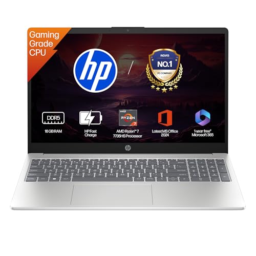 HP 15, AMD Ryzen 7 7735HS (16GB DDR5,512GB SSD) FHD, Anti-Glare, Micro-Edge, 15.6''/39.6cm, Win11, M365 Basic(1yr)* Office24, Silver, 1.59kg, fc1038AU, AMD Radeon FHD Camera w/Shutter, Backlit Laptop view 1