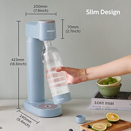 Philips Sparkling Water Maker Soda Maker Machine for Home Carbonating with BPA free PET 1L Carbonating Bottle, Compatible with Any Screw-in 60L CO2 Exchange Carbonator(NOT Included), Blue Plastic