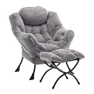 Lazy Chair with Ottoman, Modern Accent Lounge Leisure Sofa with Armrests, Reading Chair and Folding Footstool for Living Room, Bedroom, Office, Plush Grey