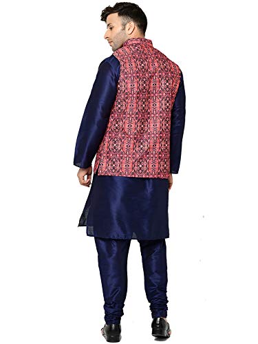 Image of SAIFOO Men's Silk Navy Blue Kurta Pyjama & Printed Nehru Jacket