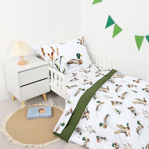 Image of Mallard Duck Toddler Bedding Set for Boys, 4 Pieces Soft Microfiber Green Toddler Comforter Set for 28 inch x 52 inch Toddler Mattress & Crib, Includes Comforter, Flat Sheet, Fitted Sheet, Pillowcase