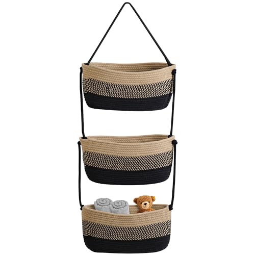 Over The Door Organizer Hanging Basket for Nursery Decor Stuffed Animal Storage Baskets Boho Wall Decor Basket for Bathroom Bedroom Playroom - Black&amp;Beige