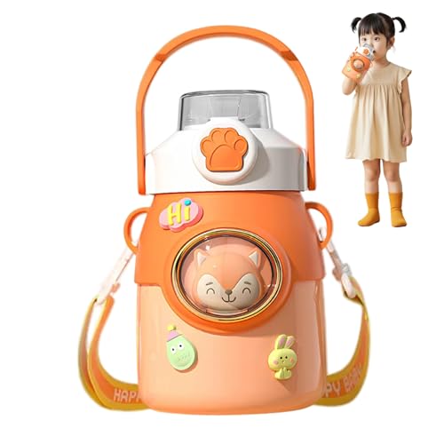 Botella de agua kawaii Botella de agua térmica de acero inoxidable de 650 ml con correa y pajita de silicona, base antideslizante y adhesivo para niñas, deportes viajes.