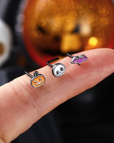 Jewseen 3Pcs Halloween Nose Rings Studs for Women Men 20G Black Nose Piercing Jewelry L Shaped Nostril Piercing Pumpkin Nostril Studs Bat Ghost Nostril Ring Nose Ring Nose Studs3