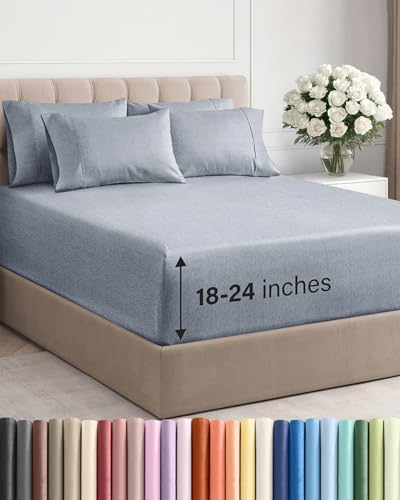 Image of Extra Deep King Sheet Set - 6 Piece Breathable & Cooling - Heathered Blue | Hotel Luxury Bed Sheets Set, Easy & Secure Fit, Ultra-Soft, Wrinkle & Fade Free, Comfy Sheets Set with Extra Deep Pockets