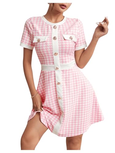 Floerns Women's Houndstooth Print Bodycon Dress - Contrast Collar, Short Sleeve, Above Knee Mini
