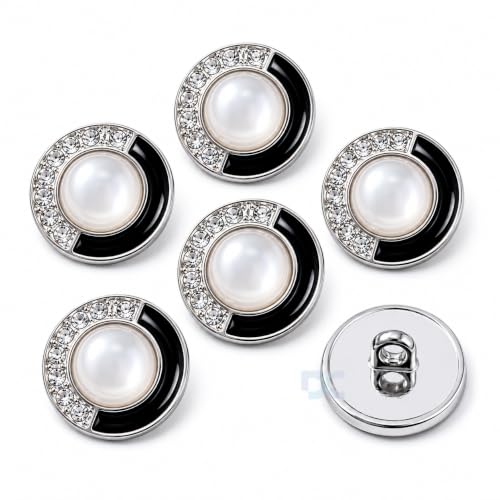 Image of Pack of 6 Silver Buttons with Pearl Finished Centre Black Enamel and Rhinestones Diameter 18 mm, (28L) for Sewing Blazers Jackets and Art and Craft