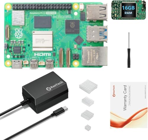 RasTech Raspberry Pi 5 Kit 16GB RAM with 27W PD Power Supply 5.1V5A Heat Sinks and Raspberry Pi 5 16GB Board Included