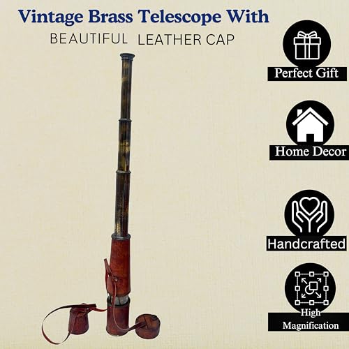 Medieval Replicas Handmade Brass Telescope Victorian London 1915 Tracker Spyglass Scope Replica Antique 32 inch Large Functional Vintage Souvenir with Hand-Stitched Leather Cap Belt
