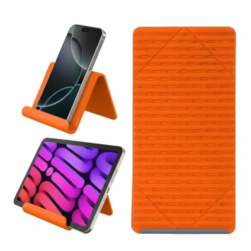 Image of Flexible Silicone Phone Stand, Foldable Bendable Mobile Holder for Desk, Adjustable Anti-Slip Stand for Smartphones, Tablets and Lightweight Laptops, Portable Orange Device Support