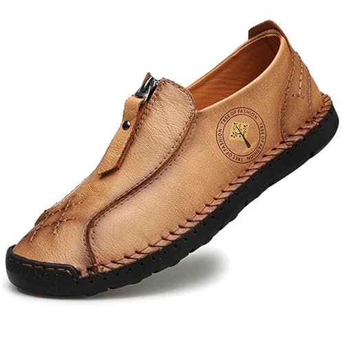 Men's Leather Hand-Stitched Driving Boat Penny Shoes Comfortable Round Toe Flat Non-Slip Slip-On Walking Shoes Classic Moccasins