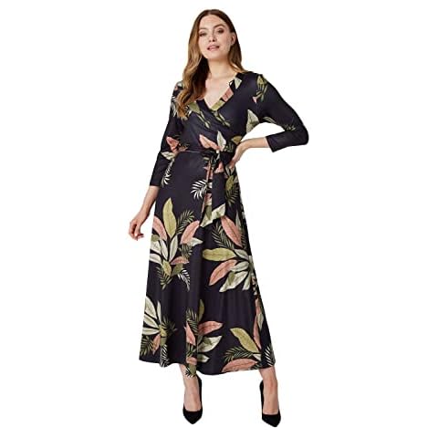 Izabel London Leaf Print Wrap Front Maxi Dress for Women UK with v-Neck, tie Waist and 3/4 Sleeves. Black Cover