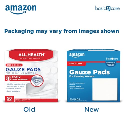 Amazon Basic Care Gauze Pads, 4x4 inches Sterile Medical Wound Dressing Sponges for Cleaning, Covering, & Cushioning Cuts & Minor Injuries, 50 Count (Previously All Health) (Pack of 4)