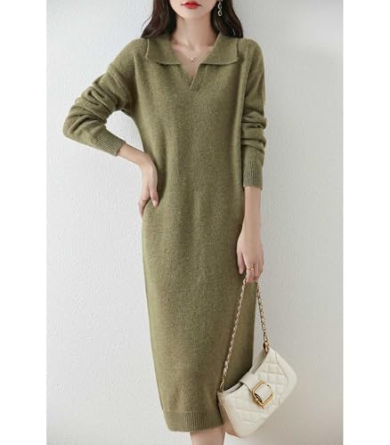 Sweater Dress Women's Long Sleeve 100% Merino Wool Knitted Pullover Flip Collar Fall Winter Long Tops2