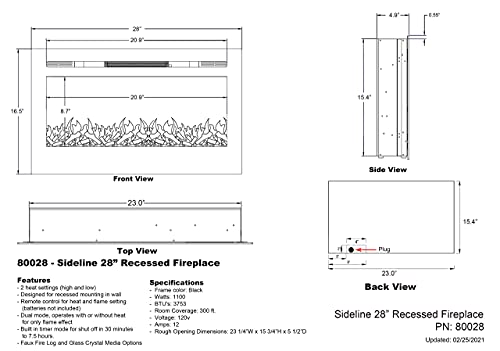 Touchstone 80028 - The Sideline Electric Fireplace - 28 Inch Wide - In Wall Recessed - 5 Flame Settings - Realistic 3 Color Flame - 1100/750 Watt Heater - (Black) - Log & Crystal Hearth Options #TOP4