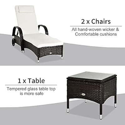 Outsunny 3 Piece Outdoor Furniture Set, 2 Reclining Chaise Lounge Chairs, Rolling Wheels, Armrests, Headrests, Thickly… 41