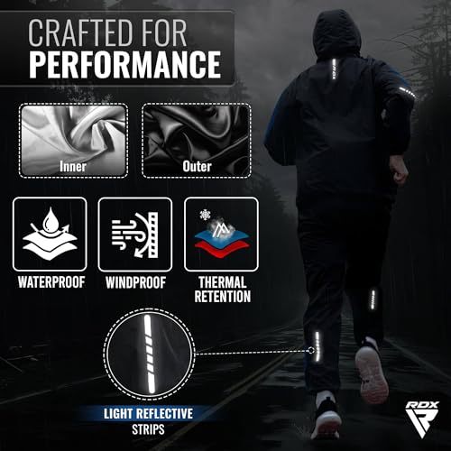 Diagrama del traje sauna RDX destacando su resistencia al agua y al viento, y sus tiras reflectantes para entrenamiento nocturno.