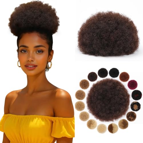 KISANOF Afro Puff Drawstring Ponytail for Black Women Brazilian Virgin Human Hair #02 Dark Brown Kinky Curly Durable Natural Soft and Smooth Clip In Hair Extensions for Black Women