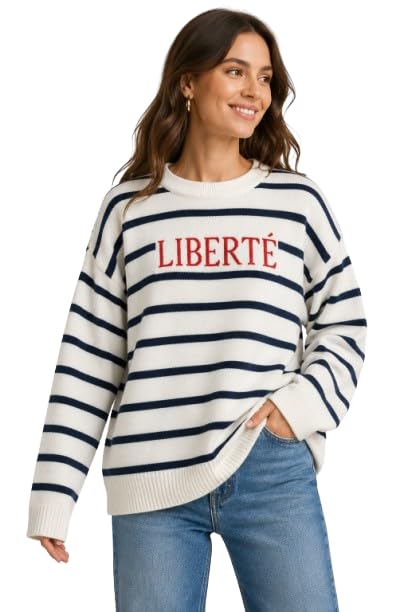 nobarr Women's White & Navy Blue Striped Oversized Knit Sweater | Crew Neck Winter Pullover-picture-12