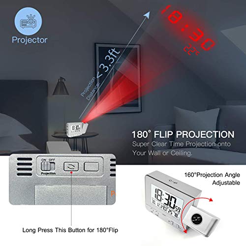 Henniu Despertador de projeção para quarto com termômetro higrômetro projeto digital relógio de teto
