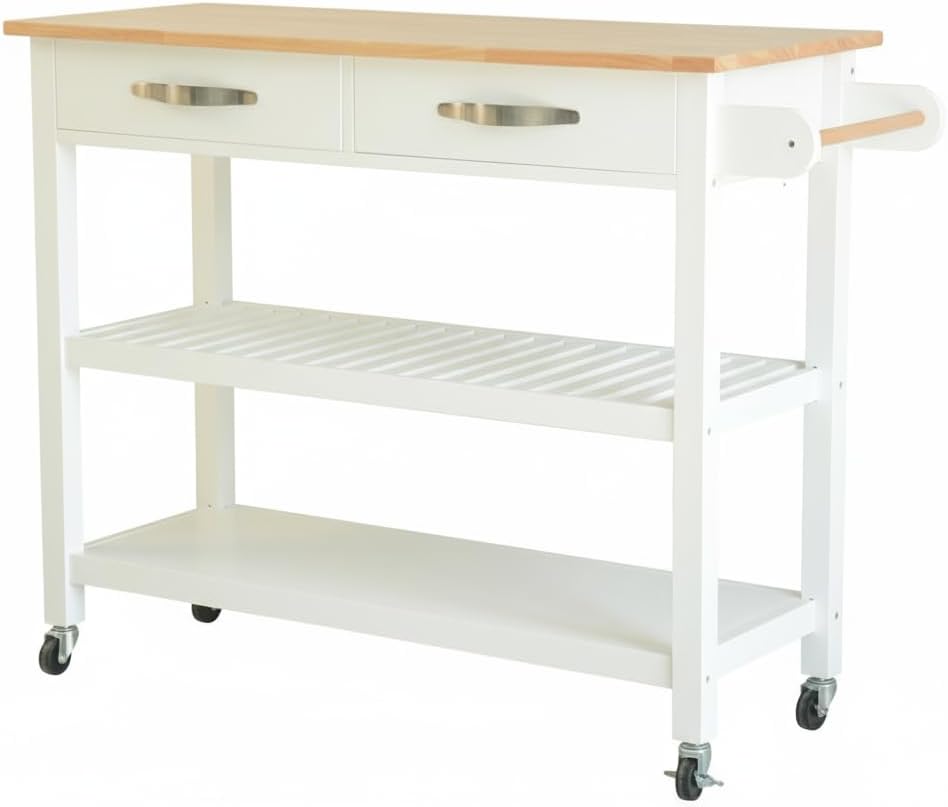 Kitchen Island 45" Rolling Kitchen Island Cart On Wheels with 2 Drawer and Towl Rack 3 Tiers Rolling Utility Cart with Solid Wood Top Serving Trolley for Dining Room White