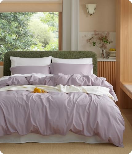 Image of Bedsure 100% Washed Cotton Duvet Cover Queen Size - Lavender Minimalist Bedding Set Linen Like - PureWoven Plain Simple & Soft Comforter Cover for All Seasons (Lavender, Queen, 90 inchx90 inch)