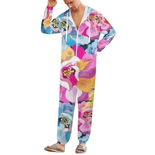 TVUGHGI Vibrant Floral Onesie Pajamas for Women Men Long Sleeve Fashion One-Piece Halloween Hooded Zip-up Sleepwear 3XL