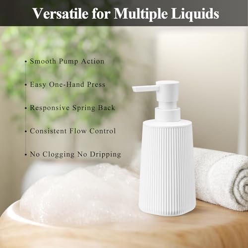 Image of White Hand Soap Dispenser with No Rust Pump for Bathroom and Kitchen Countertops Refillable Striped Matte Plastic 8.5 oz