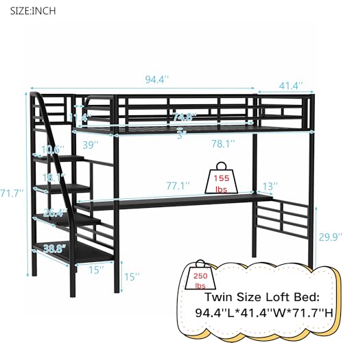 SOFTSEA Twin Loft Bed with Desk, High Loft Bed with Stairs, Heavy Duty Metal Loft Bed Frame Space Saving, No Box Spring Needed