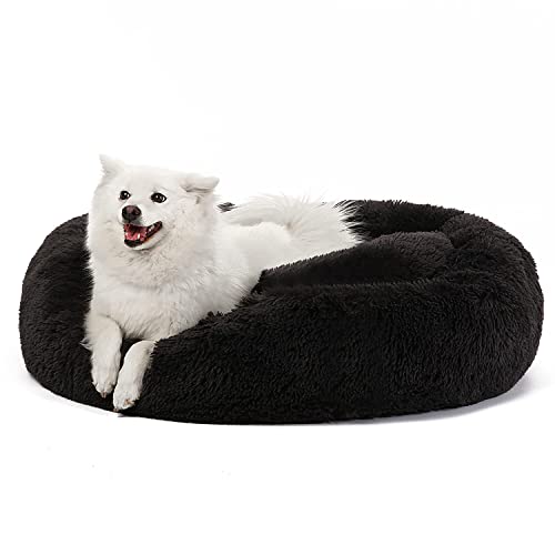 Image of JOLLYVOGUE Black Calming Donut Dog Bed, Anti-Anxiety Washable Round Bed, Fluffy Dog Cuddler Bed, Cozy Soft Dog Cat Cushion Bed for Small & Medium Dog (20 inch)