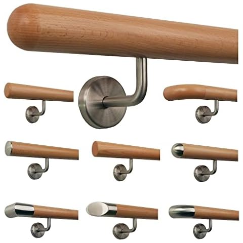 TIBU Buche Geländer Handlauf Treppe Holz Griff gew. Edelstahlhalter, Länge 30 - 500 cm aus einem Stück / Variante:200 cm mit 3 Halter Halbkugel gefräst Cover