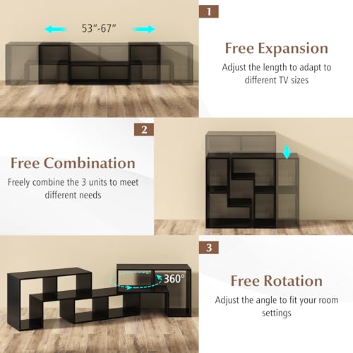 Image of GIANTEX Free-Combination TV Stand for Bedroom - Entertainment Center for 50 55 60 65 Inch TV, 3-Piece Media Console Table with Storage Cubes, Deformable Open Storage Bookcase Shelf (Black)