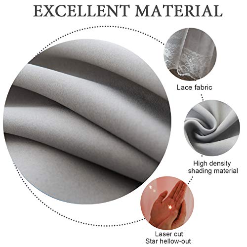 UNISTAR 2 Panels Stars Blackout Curtains for Bedroom Girls Kids Baby Window Curtain Double Layer Star Cut Out Aesthetic Living Room Decor Wall Home Decorations Curtain,W52 x L84 Inches,Grey