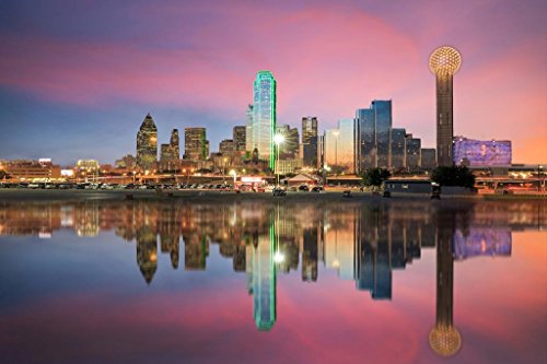Poster Foundry Dallas Texas Skyline Reflected in Trinity River at Sunset Photo Print Stretched Canvas Wall Art 24x16 inch