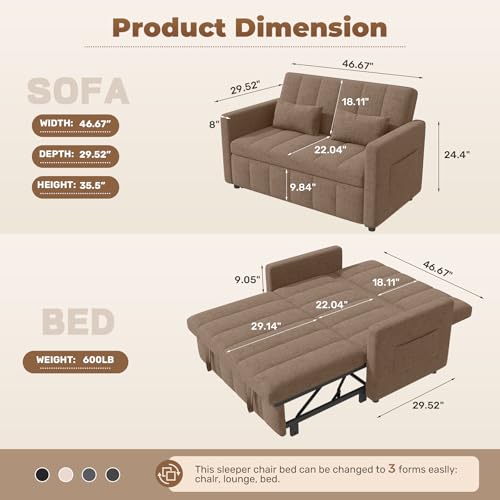 Image of Nebuaegis Sleeper Sofa Bed,3-in-1 Convertible Pull Out Couch with Adjustable Backrest for Living Room,Loveseat Sofa Bed with Side Pockets,Easy Assembly,Brown,1 PCS
