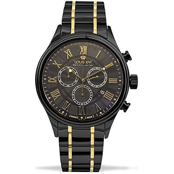 LOUIS XVI Herr Danton stålrem, svart tvåfärgad guld svart romerska siffror, kronograf analog kvarts rostfritt stål 980, Armband