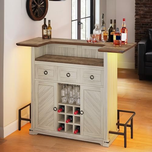 DWVO Home Bar Table Unit Cabinet with LED Lights & Drawer, 12-Glass Holder & Adjustable Wine Storage, Farmhouse Mini Bar Unit with Footrest for Living & Dining Room, Off White+Walnut Grain