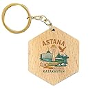 R and R Imports Astana Kazakhstan Keepsake Souvenir 2-Inch Wooden Hexagon Keychain